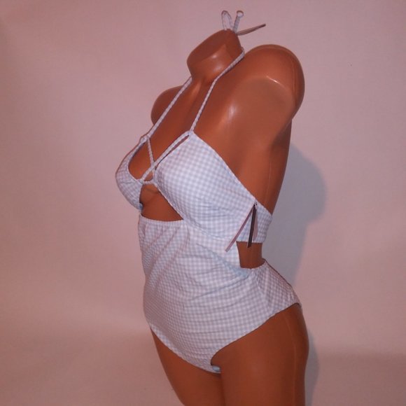 Victoria Secret‎ One Piece Swim Light Blue White Checkered Gingham Strappy New - Picture 5 of 11